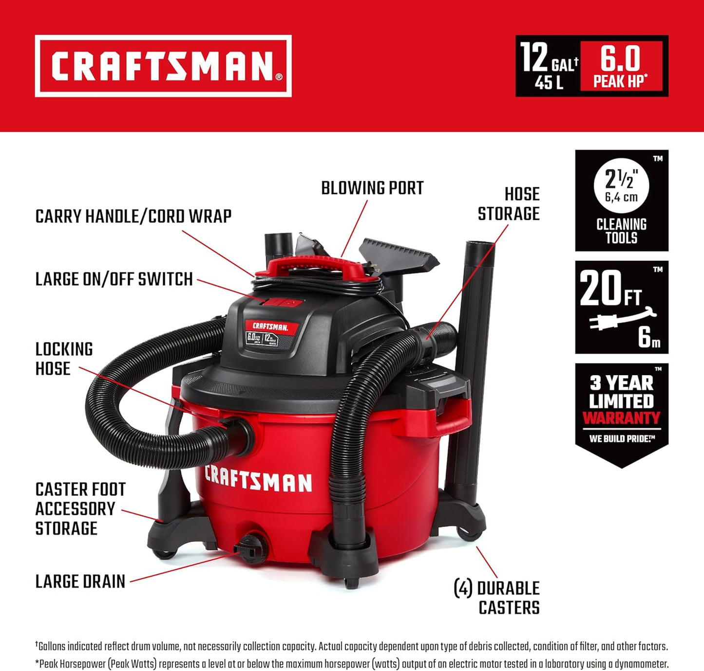 CRAFTSMAN CMXEVBE17594 12 Gallon 6.0 Peak HP Wet Dry Vac, Portable Shop Vacuum Wet and Dry with Filter, Dust Bag, Hose and Attachments for Home Projects & Renovations