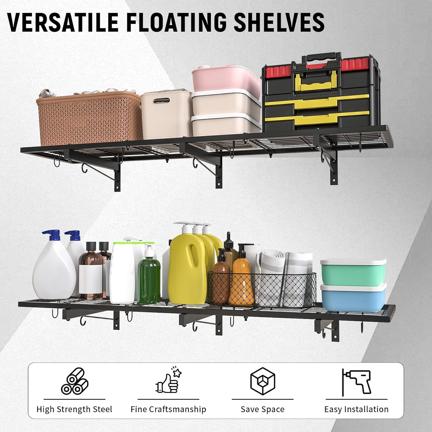 2 Pack Garage Wall Shelves, 46"X 12.5" Garage Shelving Wall Mounted, Heavy Duty Wall Shelf Organizer with 8 Hooks, Black Floating Storage Metal Rack 320 LBS Capacity for Laundry Room, Office, Basement