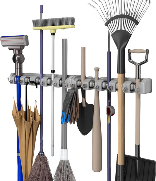 Stalwart Garden Tool Organizer Wall Mount Broom and Mop Holder, 5 Adjustable Slots and 6 Hooks Utility Rack for Garage or Home Organization, 2-Pack