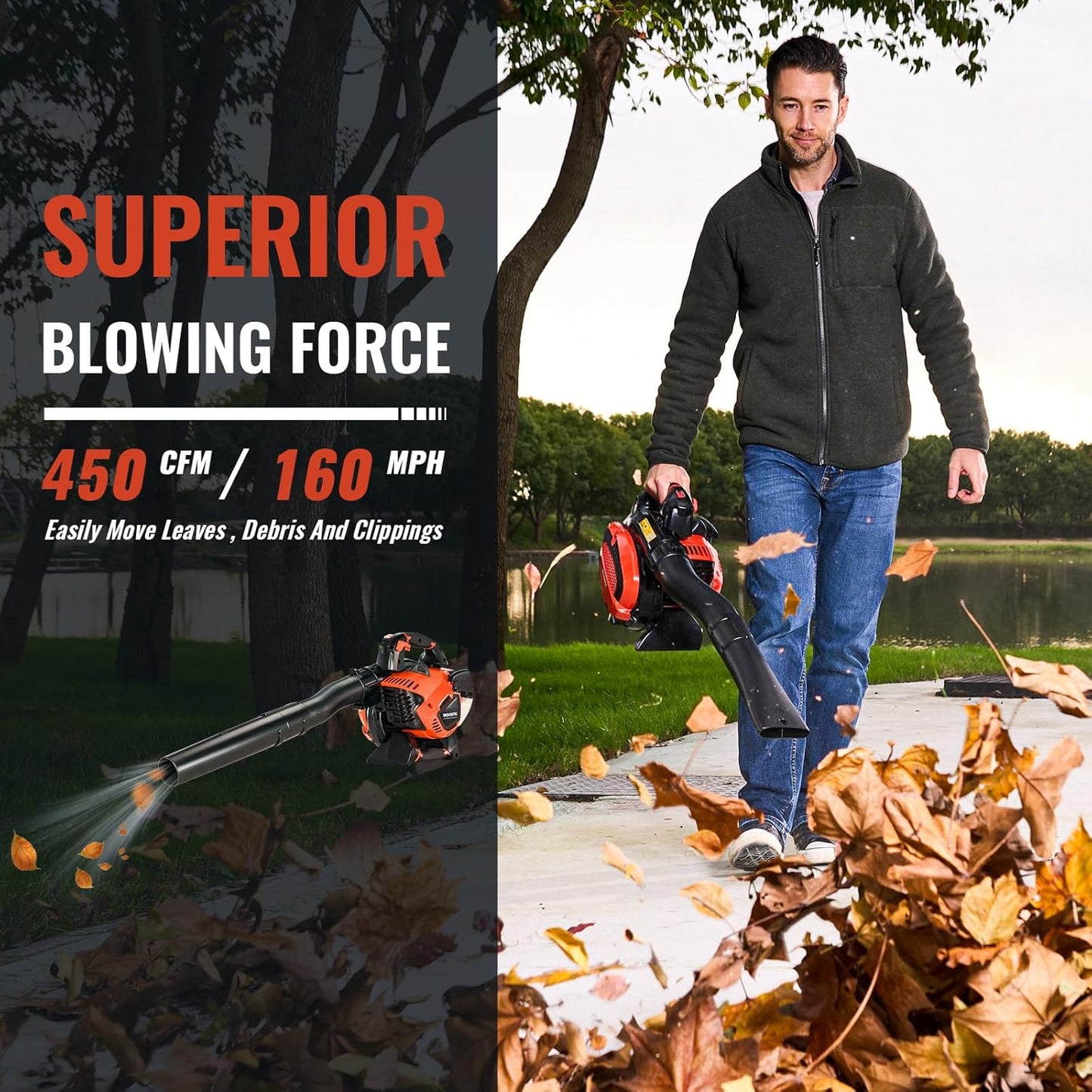 28CC Gas Leaf Blower 450-CFM 160-MPH, 2-Cycle Handheld Leaf Blower for Lawn Care, Leaf Cleaning, Snow Removal (Orange)