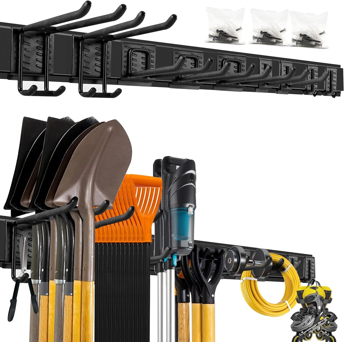 Garage Tool Organizer Wall Mount, 48-Inch Multi-Functional Garage Hooks Heavy Duty with Sliding Track, Black Coating, Non-Slip Pads, and Rubber Protectors for Garage Organization and Garage Storage