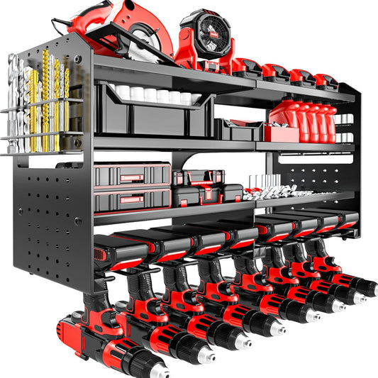 Power Tool Organizer Wall Mount, Metal 4 Layer Heavy Duty Metal Power Tool Storage Rack, Garage Drills Storage Shelves with Screwdriver Holder Plier Holder (Black, 8 Drills Holder)