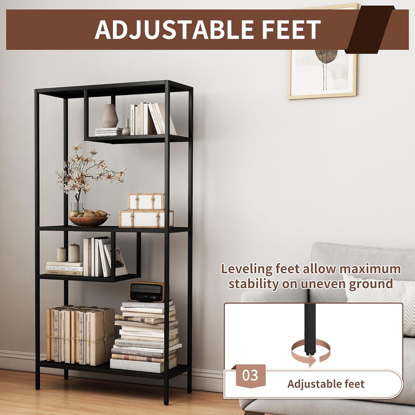 Metal Storage Shelving Unit, Decorative Geometric Bookcase, Modern Freestanding Display Shelves, Tall Book Shelf Unit for Living Room Bedroom Office, Easy Assembly