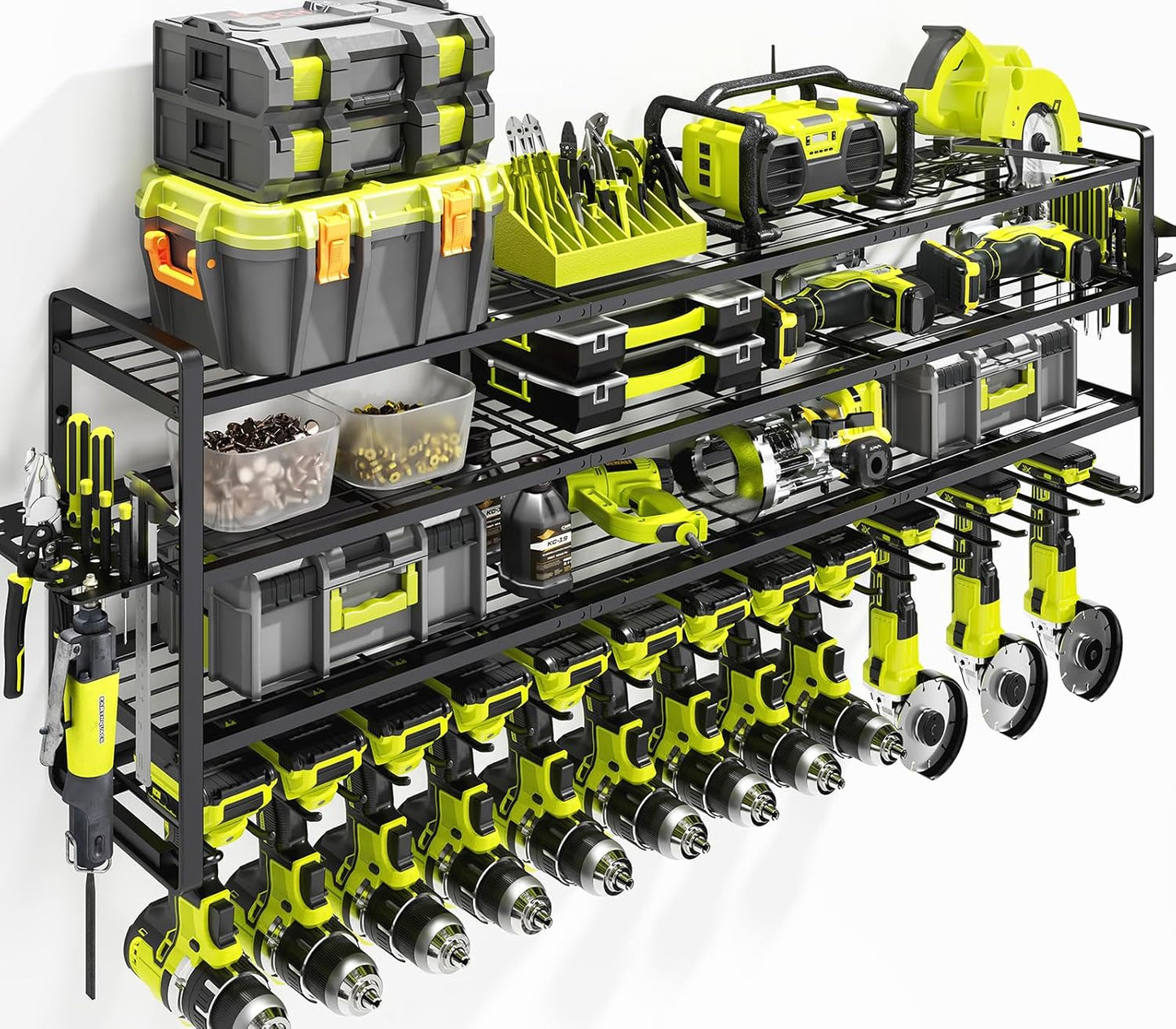 KAFAHOM Large Power Tool Organizer Wall Mount-13 Drill Holder for Garage,4 Layer Power Tool Rack,Tool Organizer and Storage with 2 New Accessories, Gifts Idea for Men Dad Husband