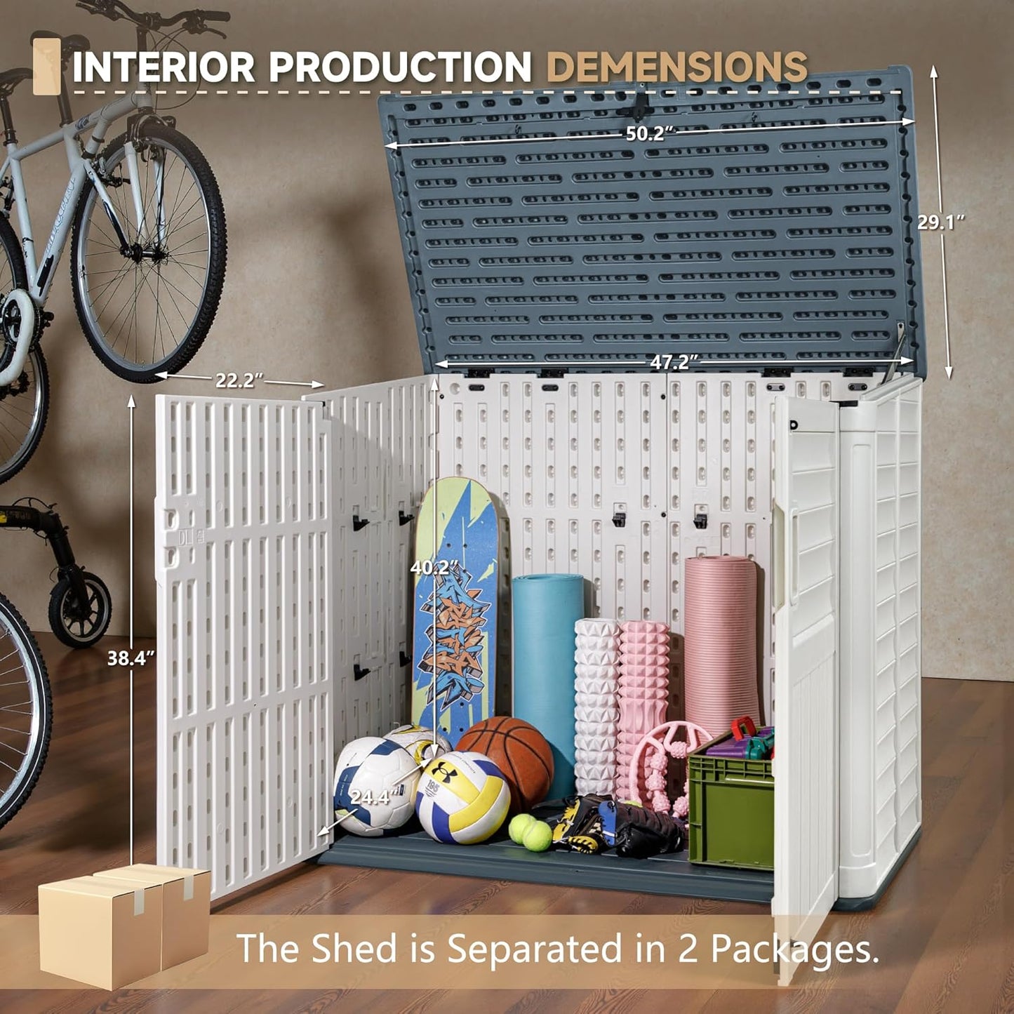 Devoko Resin Outdoor Storage Shed, 34 Cu Ft Outdoor Storage Cabinet Without Shelf, Waterproof, Double Locks, Resin Storage for Trash Can, Garden Tools, Pool Supplies (Beige)