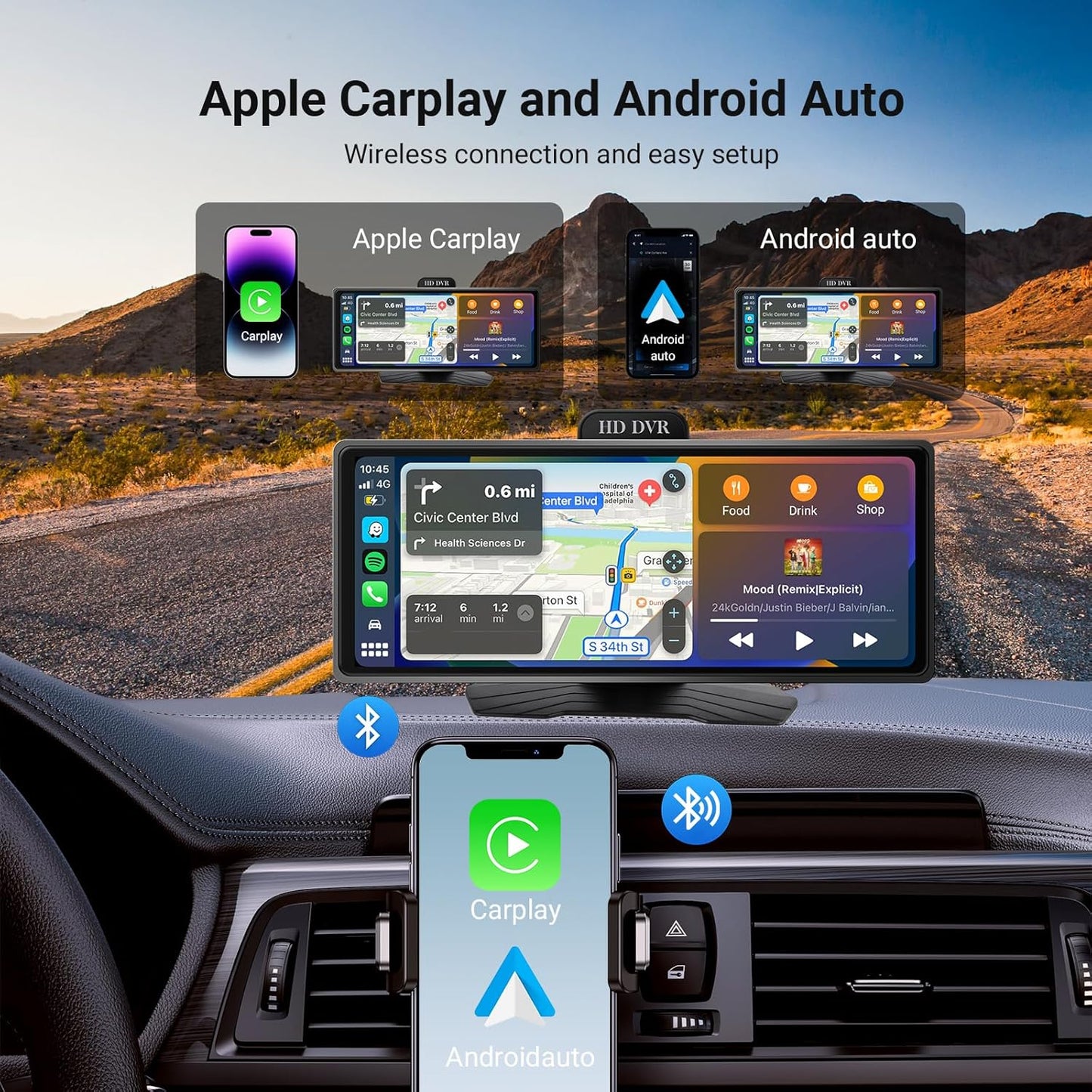 ‌9.26 Inch Wireless Apple CarPlay & Android Auto Car Display with 1080P Dash Cam & Backup Camera All-in-One Smart Car Stereo Free 64GB SD Card