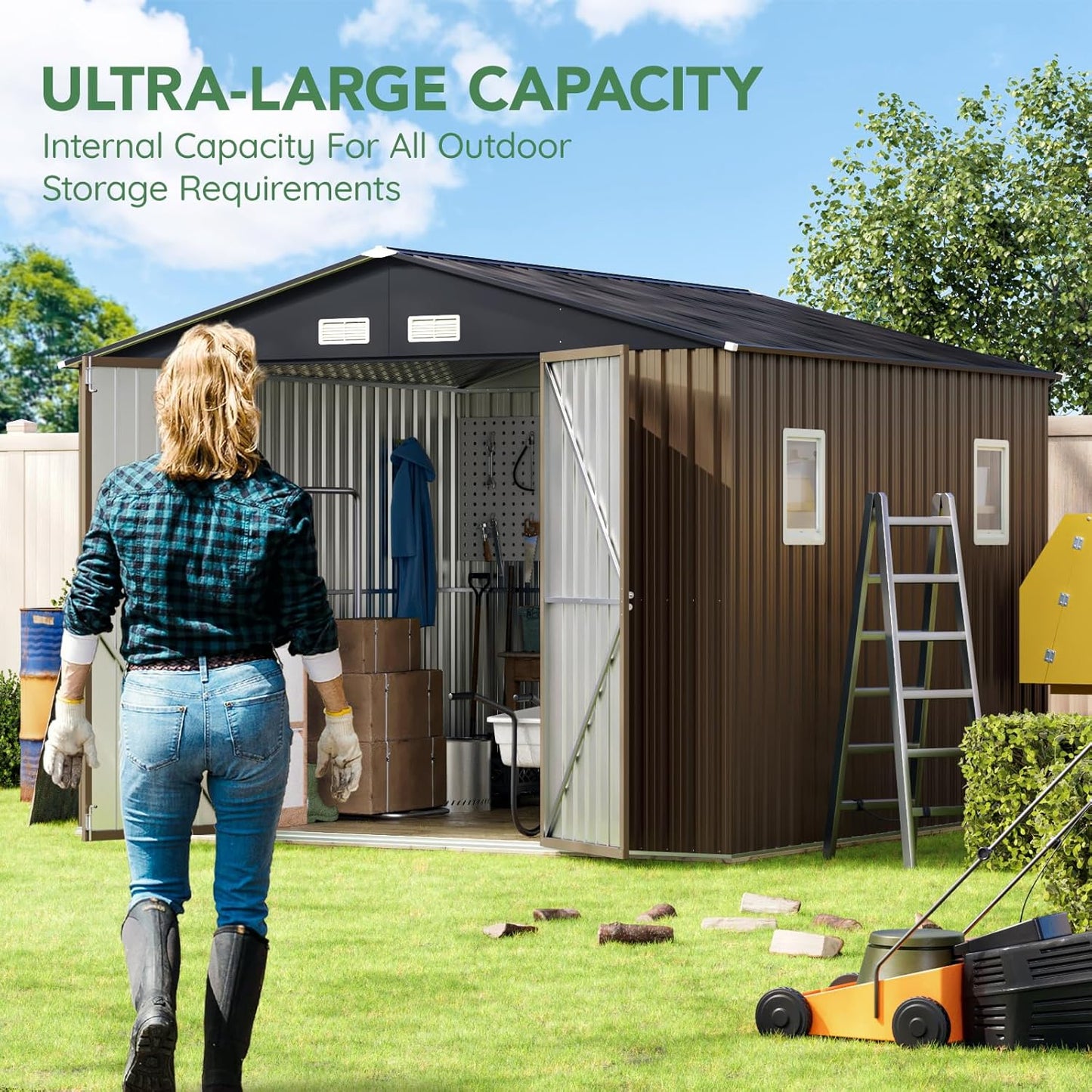 10X10X7.5 FT Outdoor Steel Storage Shed with Lockable Doors, 2 Windows, Frame Floor (No Wood/Other Boards), Ideal for Garden, Backyard, Patio Storage,Brown