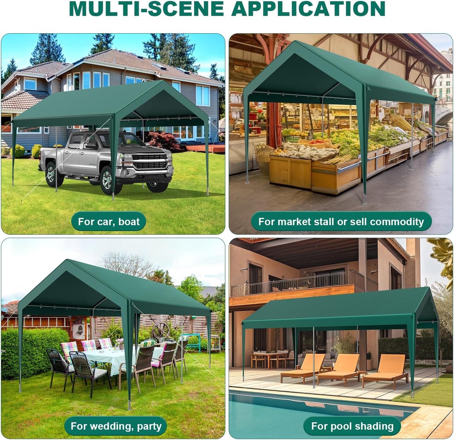 10x20FT Heavy Duty Carport, Portable Car Canopy Garage Boat Shelter Party Tent, UV Resistant Waterproof Carport Canopy with Four Wind-Resistant Ropes, Green