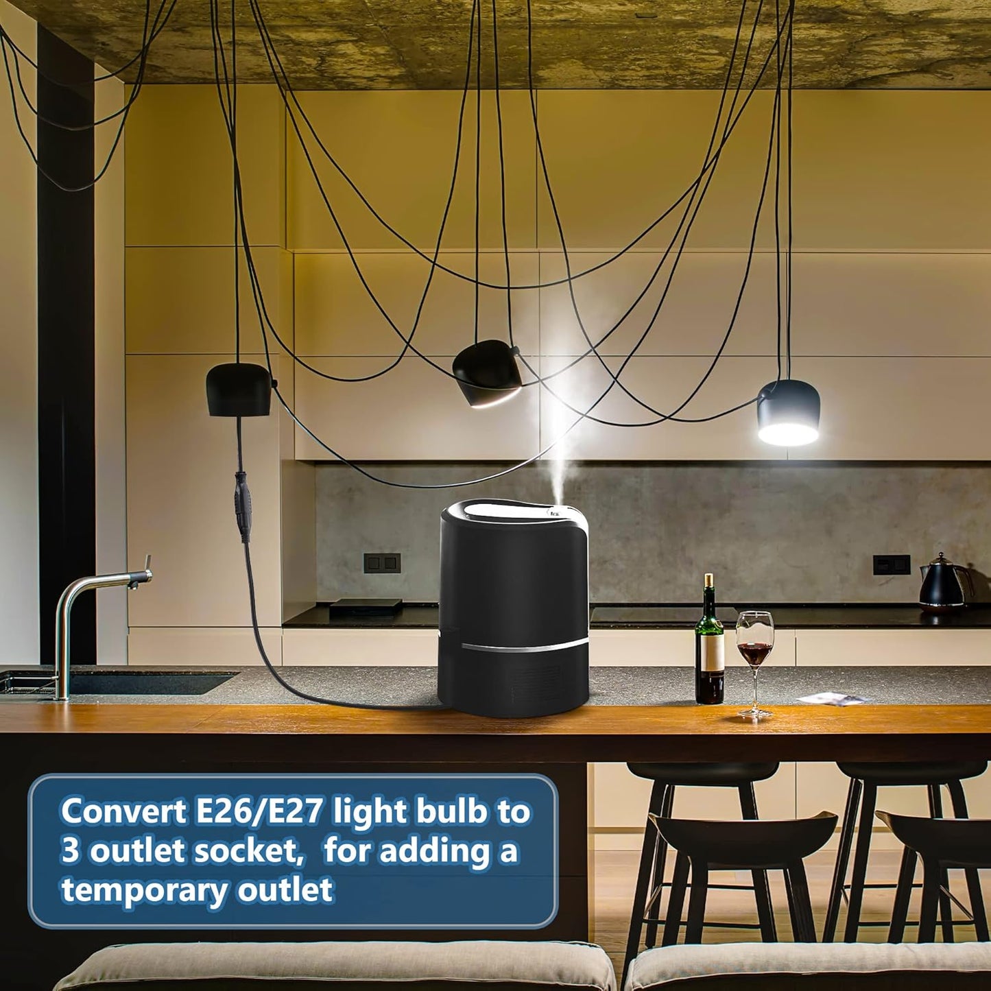 Feekoon 2 Pack 3 Outlet Light Socket Adapter, Convert E26/E27 Bulb Socket to 3 Prong Outlet with Extension Cord, Light Bulb Plug Adapter Converter Suitable for Outdoor Porch Garage Patio Use (Black)