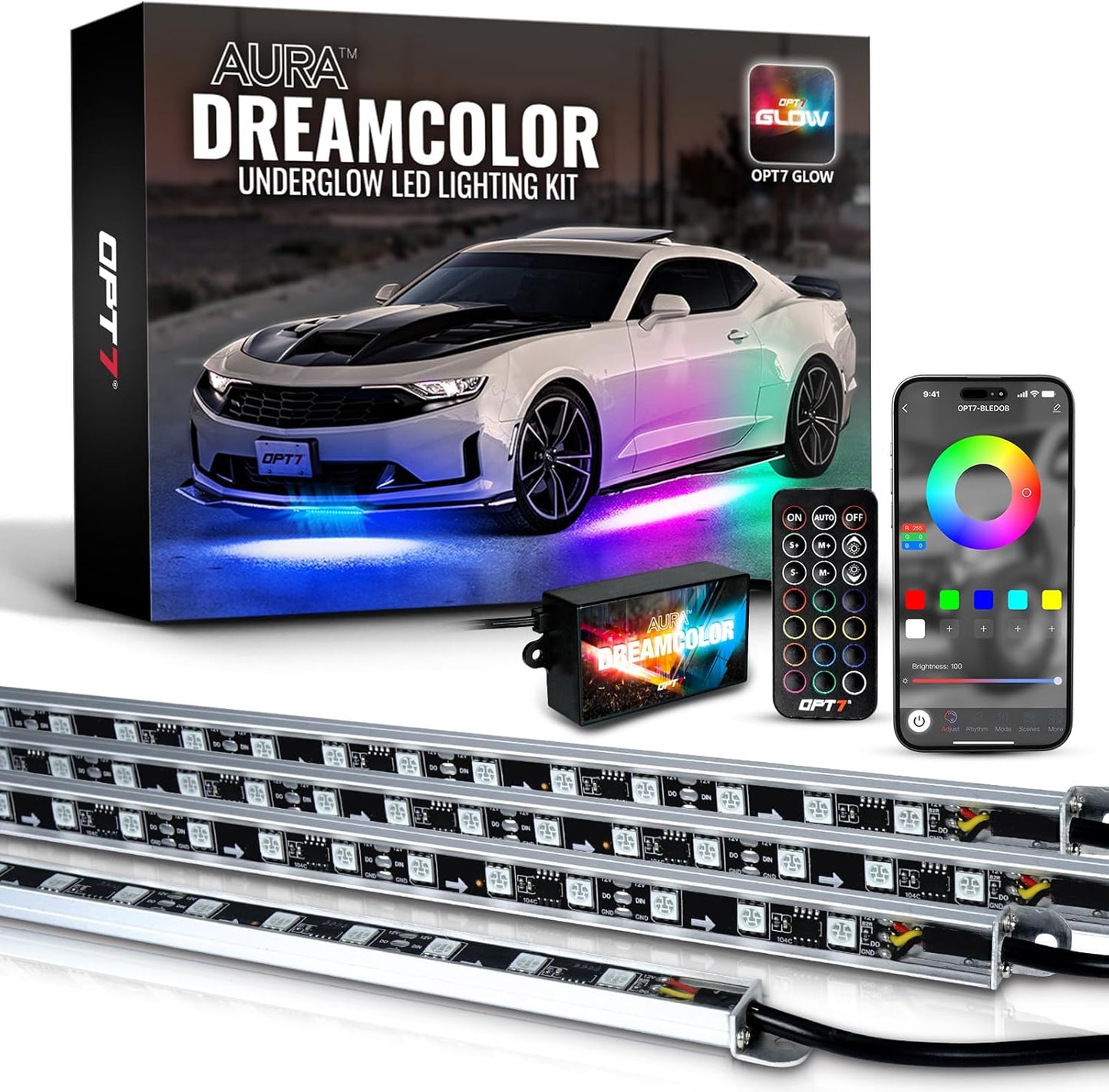 OPT7 Aura DreamColor Underglow Chasing Lights for Car with APP & Remote Control, Waterproof Rigid Aluminum LED Light Bar, Exterior Neon Accent Underbody RGBIC Light Kit, Multi Colors Music Mode, 12V
