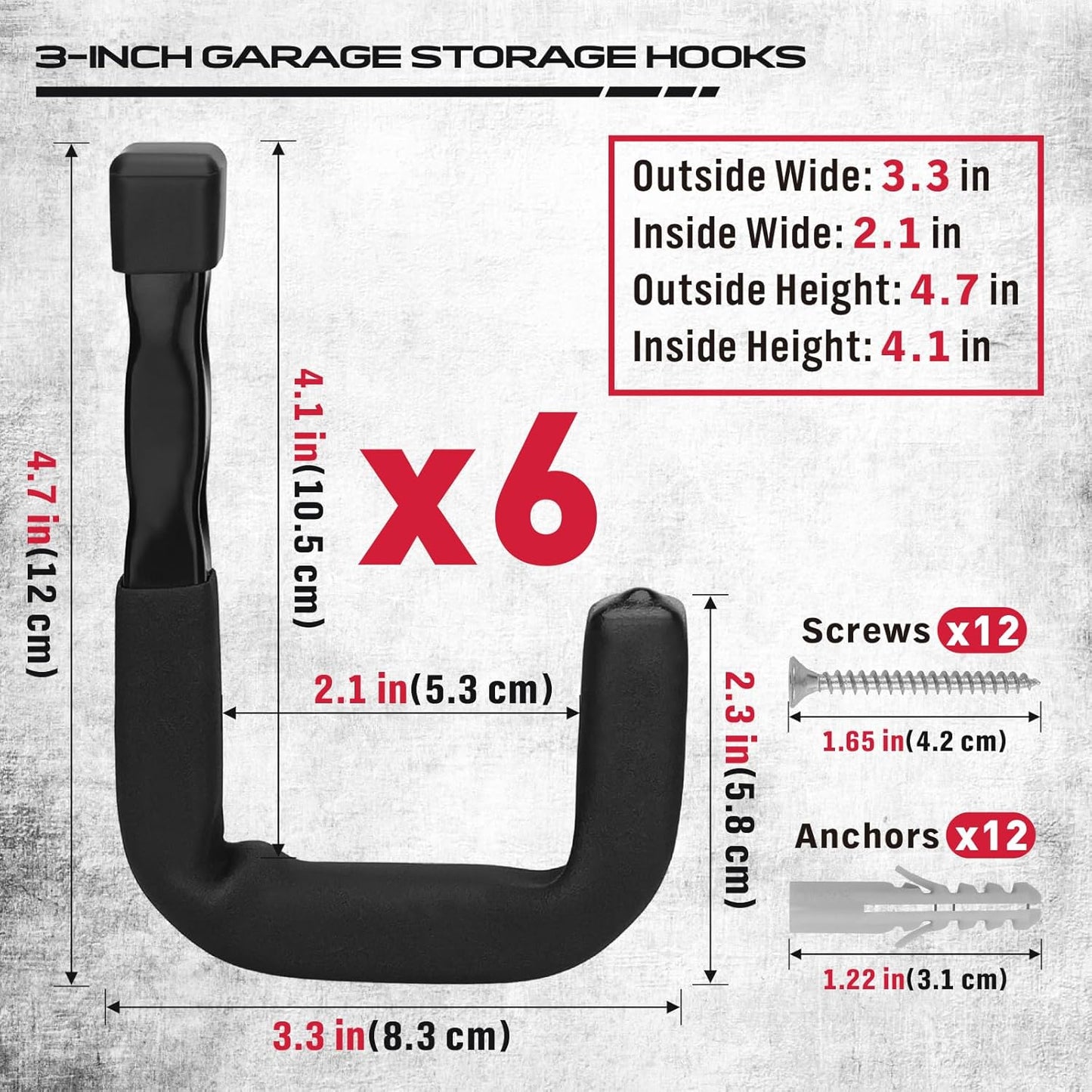 SEDY 6-Piece Heavy Duty Garage Storage Hooks, Wall Mount J Utility Hooks Holds 88 LB, Large Metal Utility, Garage Storage Ladders for Bikes, Garden Tools