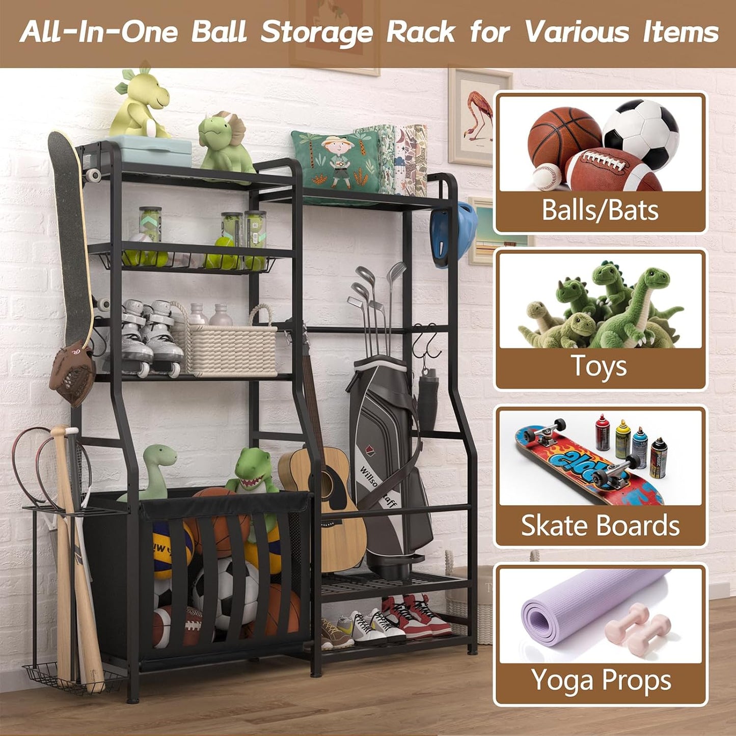 Garage Sports Equipment Organizer, Golf Bag Storage Rack, Heavy Duty Ball Holder with Basket & Hooks, Indoor/Outdoor Basketball Storage Bins for Toy Sports Gear Storage