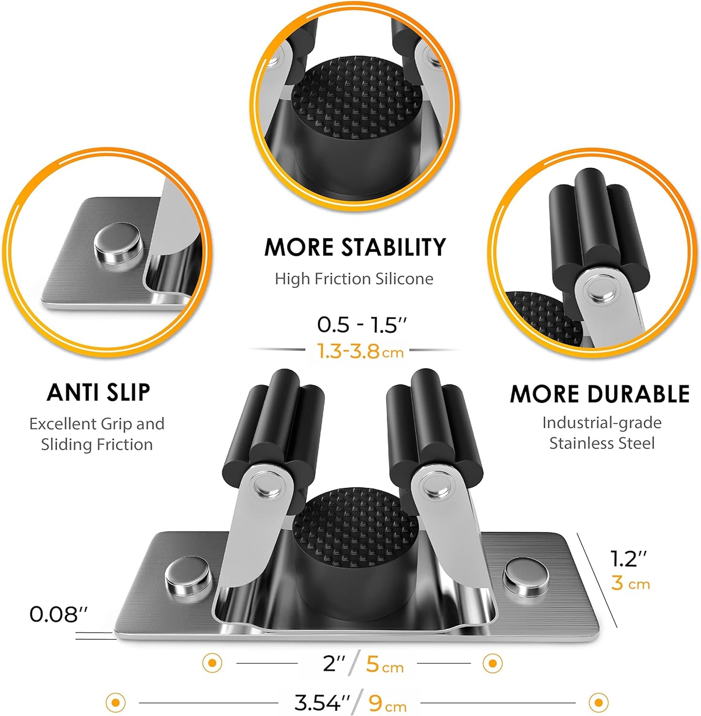 Self Adhesive Broom and Mop Holder Wall Mounted – SUS304 Stainless Steel 2-Slot Organizer with Anti-Slip Rubber Grips, 25lb Load, Adjustable for 0.6–1.4" Handles, Garage Kitchen Bathroom Use, 6 Pcs