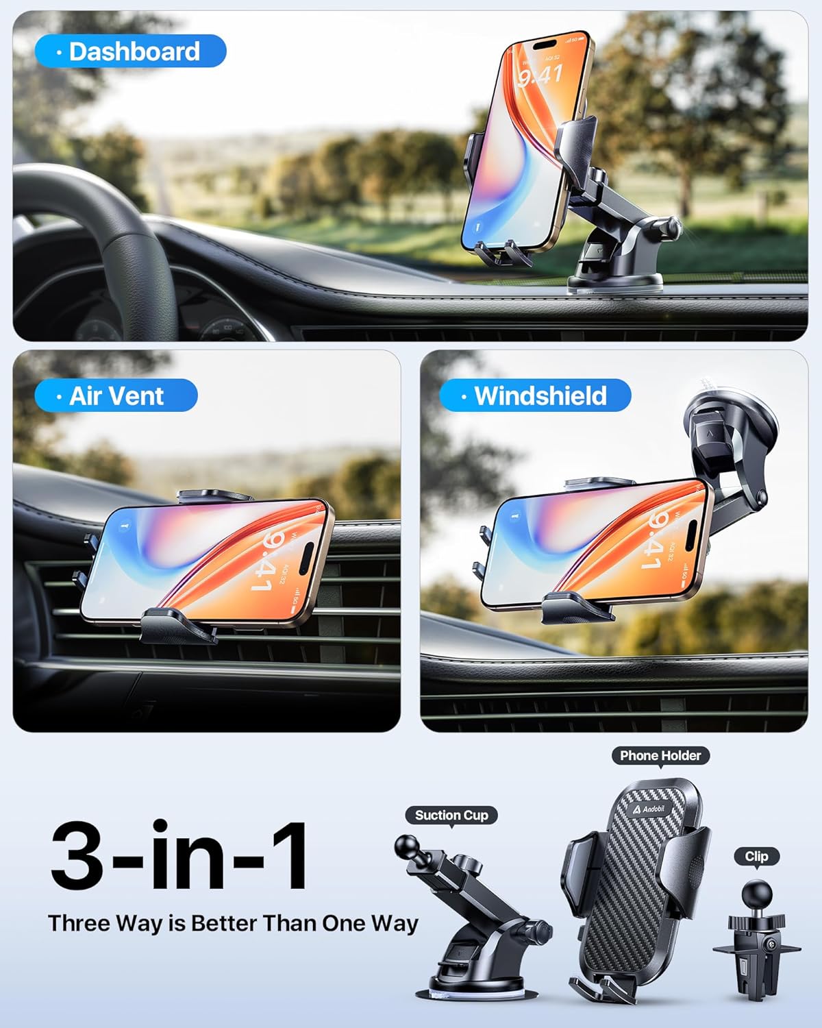andobil Car Phone Holder Mount (Bumpy Roads Friendly) Military-Grade Phone Holders for Your Car Dashboard Windshield Air Vent Cell Phone Car Mount for iPhone 16 Pro Max 15 14 13, Samsung Silver