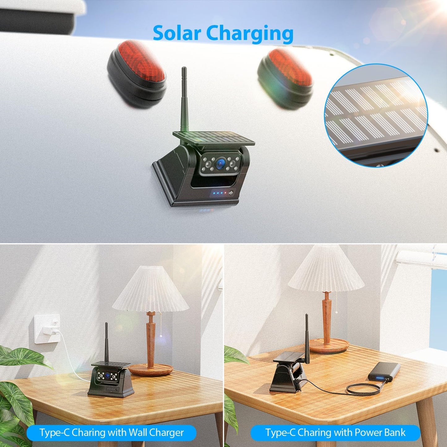 4 Magnetic Solar Wireless Backup Camera HD1080P DVR 10.1" Touchscreen Monitor, Quad RV Rearview Backup Cameras Wireless System for RV Trailer Tractor, Built-in 9600mAh Solar Battery, BL104