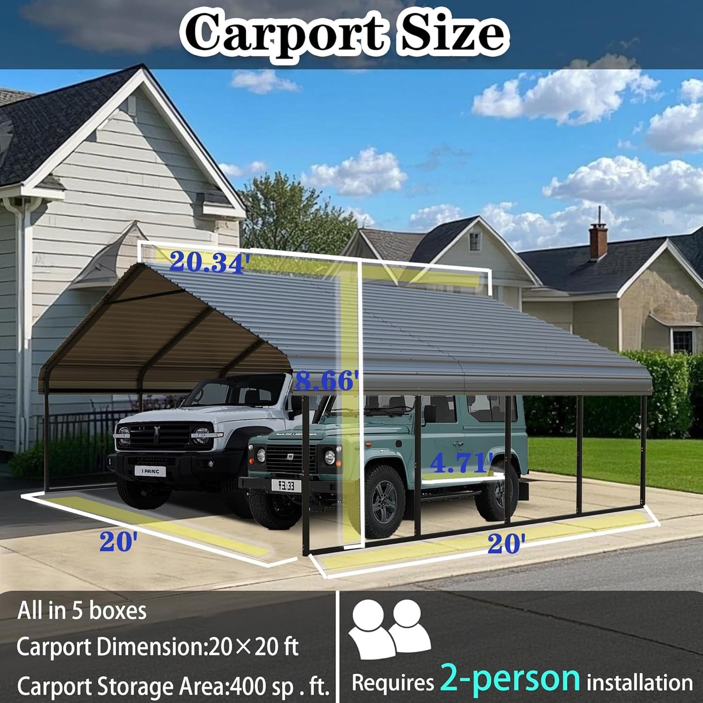 Heavy Duty Metal Carport 20x20 ft Galvanized Steel Carport Shelter for 2 Car Extra Large Canopy for Dual Vehicle, RV Boat Storage All Weather Protection Garage Party Tent (20X20FT)