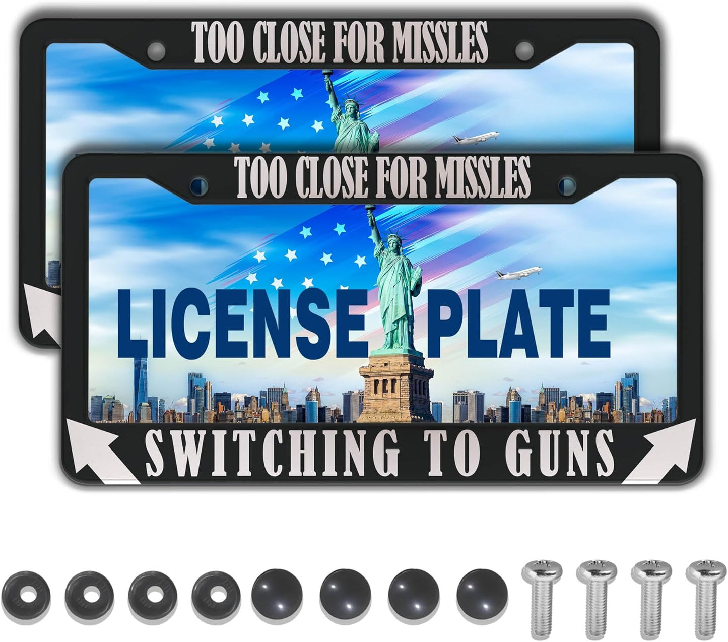 License Plate Frames Black and White License Plate Cover Too Close Missiles Switching to Guns Aluminum Metal Car Accessory 2 Pack with Screw Covers Set