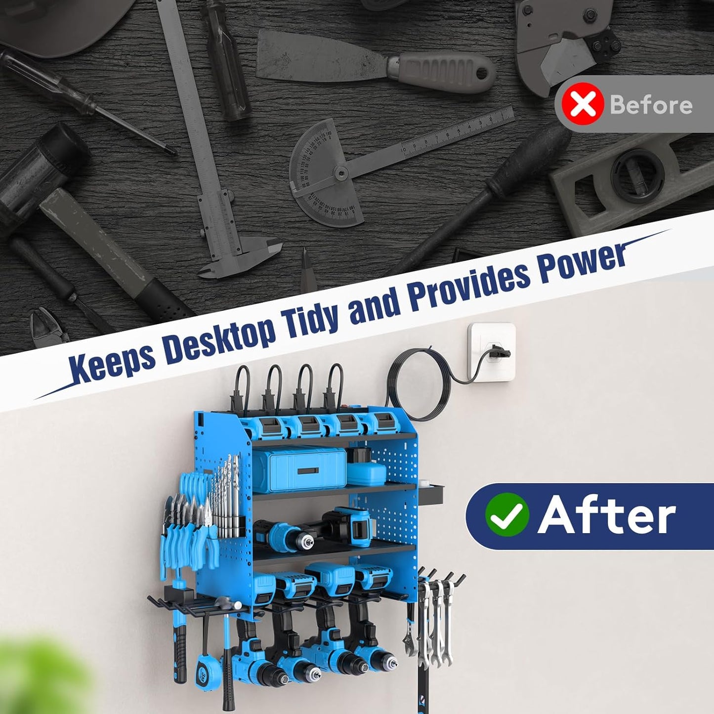 Heavy Duty Power Tool Organizer Wall Mount with Charging Station, 4 Layer Garage Storage Adjustable Shelves Height, Holds 4 Drills, 2 Hooks, Screw & Screwdriver box, Gifts for Fathers Day, Anniversary