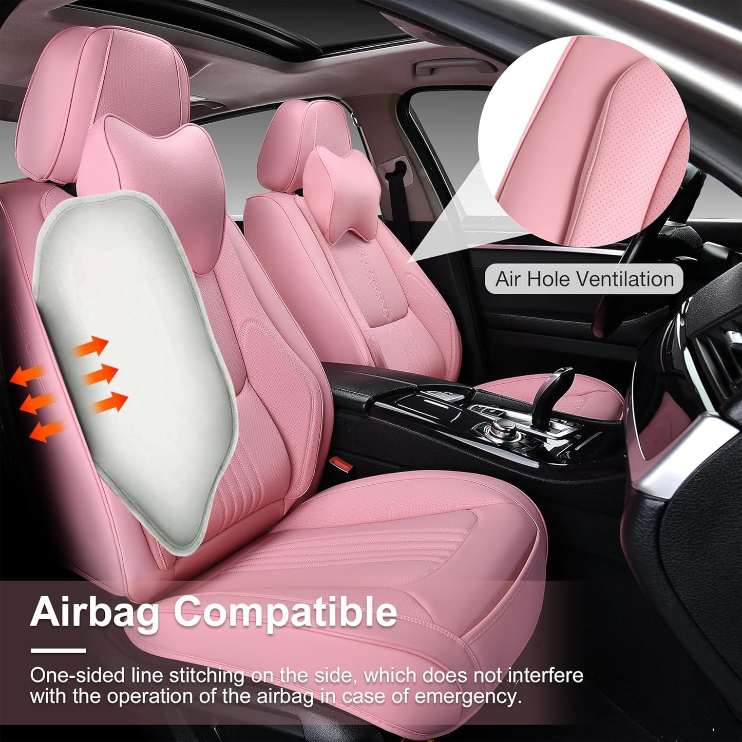 Front Seat Covers, 2 Pieces Universal Seat Covers for Cars, Waterproof Leather Auto Seat Protectors with Head Pillow, Car Seat Cushions Fit for Most Sedans SUV Pick-up Truck, Pink