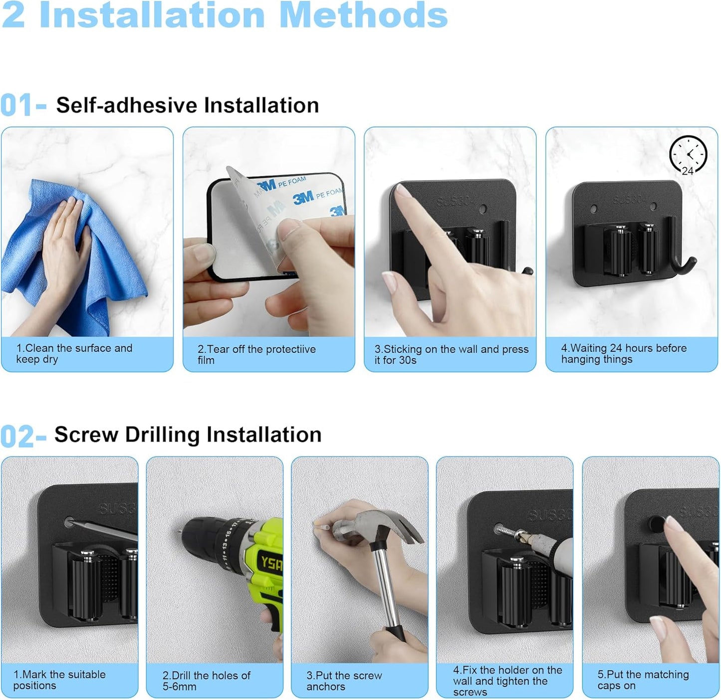 4 Pack Mop and Broom Holder Wall Mount - Stainless Steel Broom Mop Hanger - Wall Mounted Garden Tool Rack Organizer for Closet Garage Laundry Room Kitchen Decor (Black)