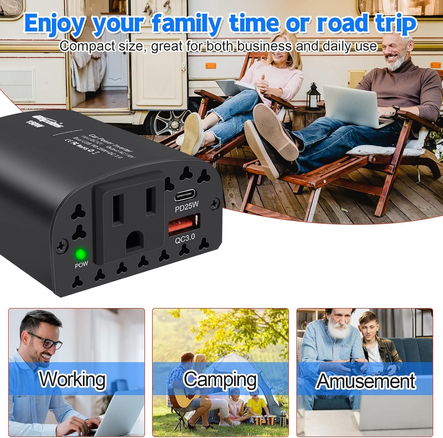 150W Car Power Inverter DC 12V to 110V AC Car Outlet Adapter with PD 25W &QC3.0 USB Ports Laptop Car Charger