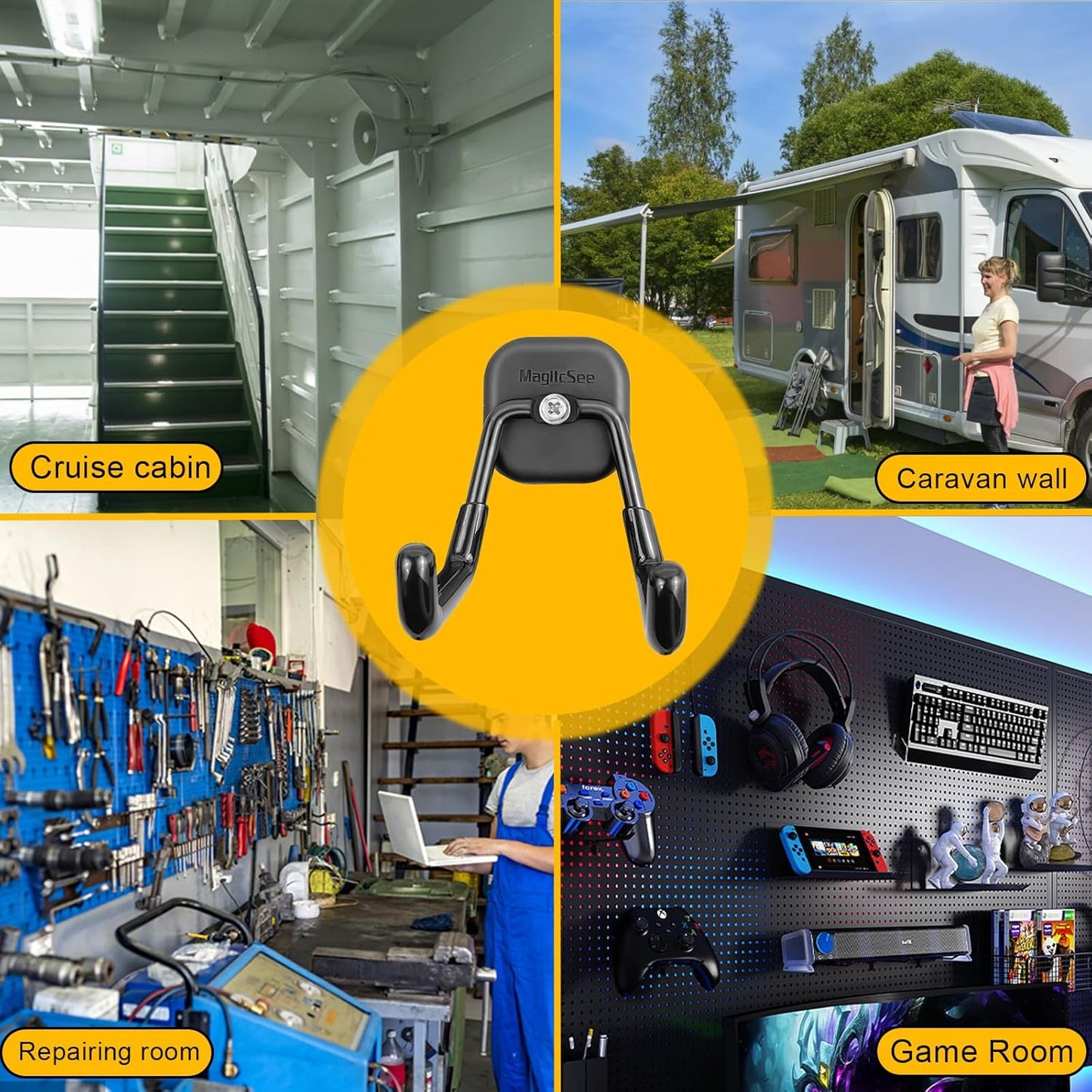 2 Pack Large Magnetic Garage Hooks Heavy Duty, Universal Indoor Outdoor Strong Storage Magnet Utility Tool Organizer Holder with Anti Slip Rubber Coating for Garden Tools,Hose,Cruise,RV,Workshop