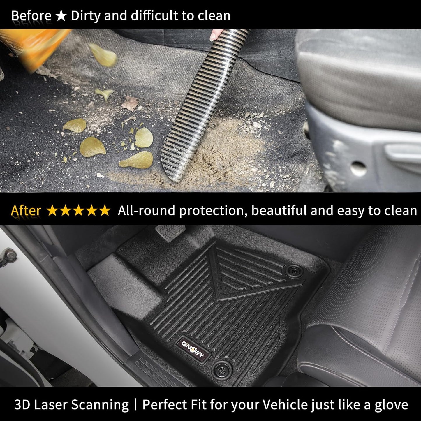 GINOWY- Floor Mats for Kia K5 2021-2024 2025(Only FWD Models) for Hyundai Sonata 2020-2025, TPE All Weather 2024 K5 Car Mats 1st & 2nd Row Non-Slip Durable Black