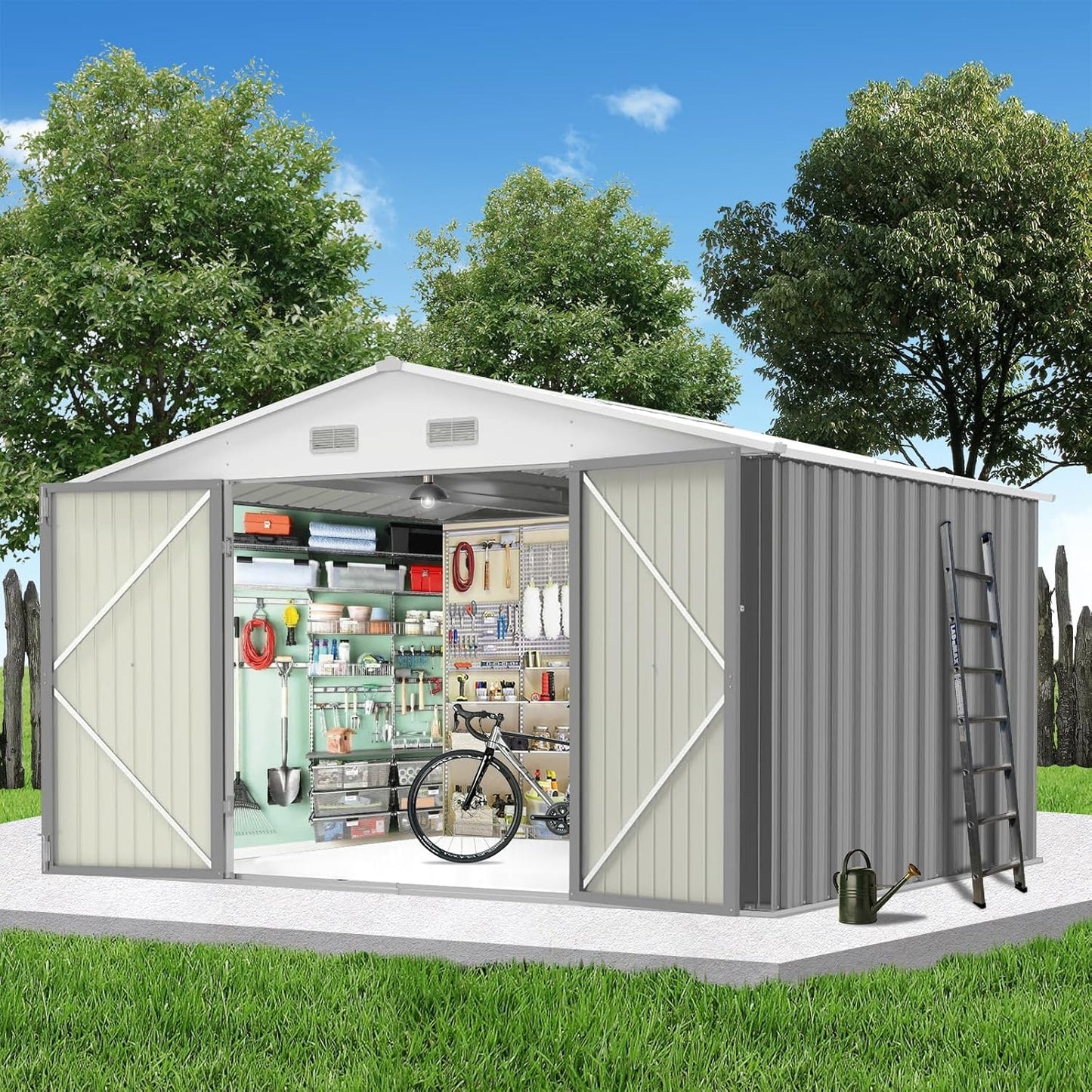 10X12FT Outdoor Metal Storage Shed, Lockable Weatherproof Garden Shed for Tools & Equipment, Durable Galvanized Steel with Sloping Roof & Ventilation, Ideal for Backyard, Patio & Garage Storage, Gray