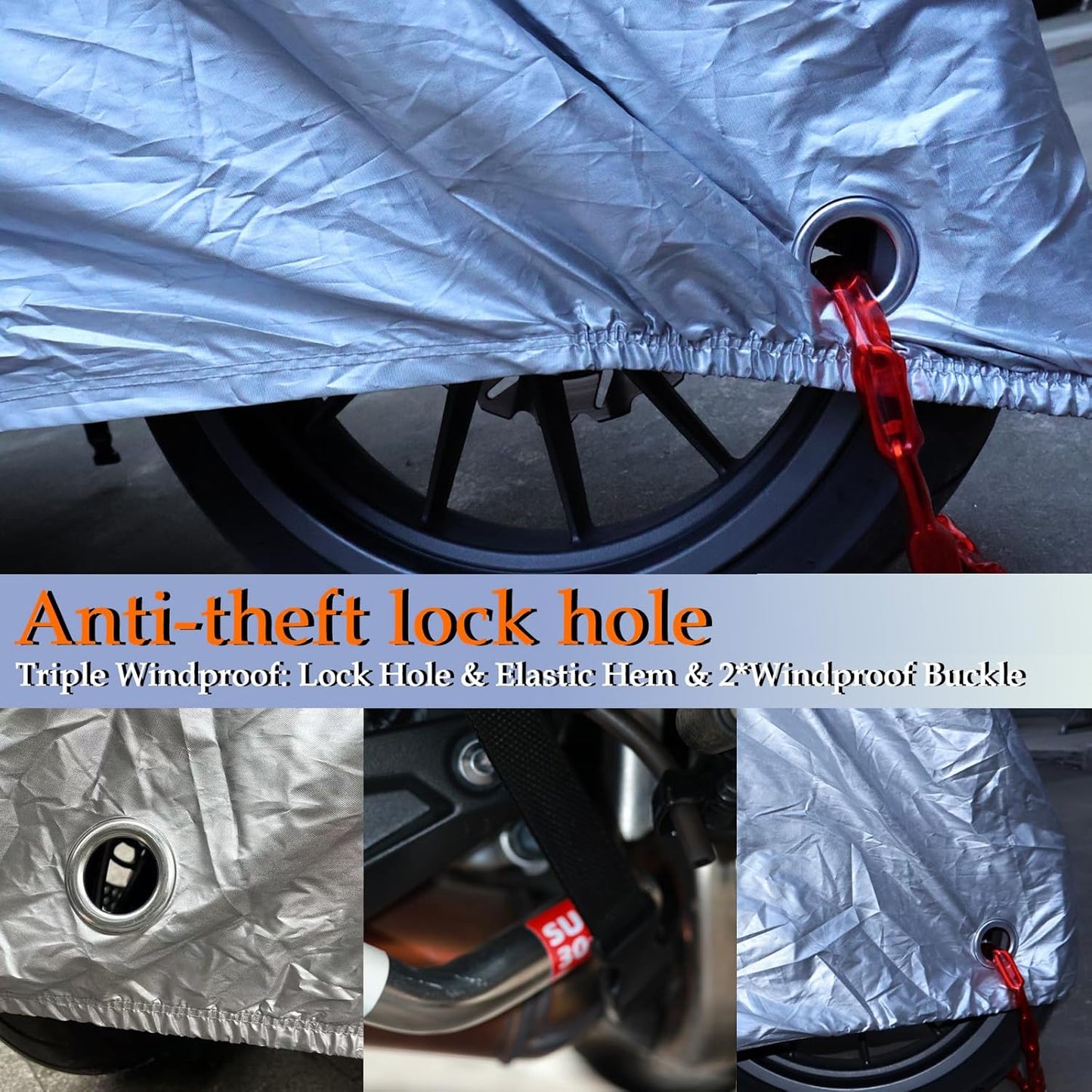 Motorcycle Cover, 210D Oxford Cloth, with Reflective Stripes, Waterproof Outdoor Protection, All-Weather Universal car Cover, with Lock Holes and Storage Bag. (Black Silver, 90.5")