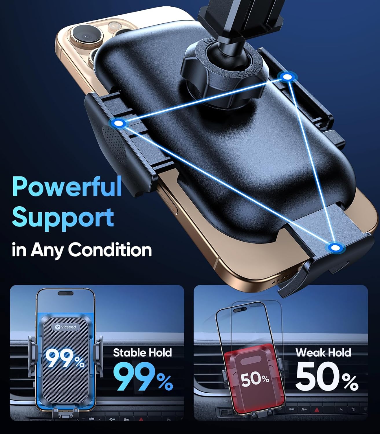 VICSEED True Military-Grade Phone Holders for Your Car [Upgraded 95+LBS Strongest Suction] Cell Phone Mount for Car Dashboard Windshield Vent Truck Boat Stand Adjustable for iPhone Android