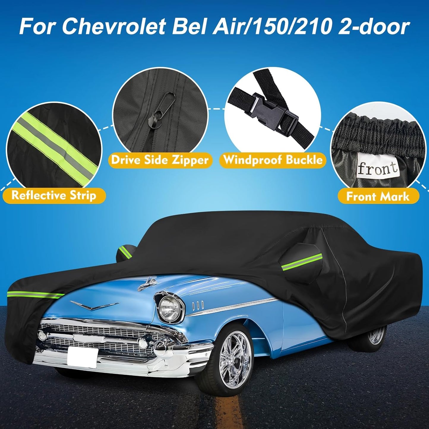 QUNSUNUS Waterproof Car Cover for Chevrolet Bel Air/150/210 1950-1957 Sedan/Coupe/Hardtop, All Weather Outdoor Car Covers with Zipper, Straps and Elastic Edge