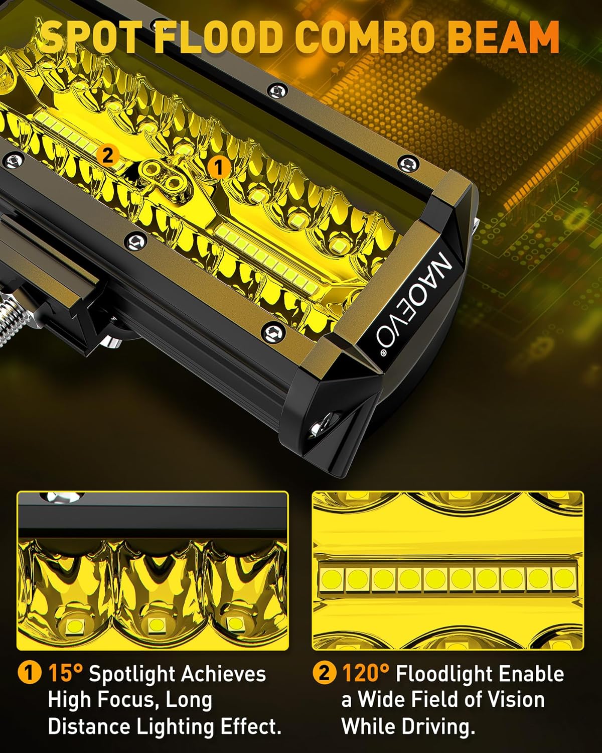 NAOEVO 7 Inch Yellow LED Light Bar, 240W 24,000LM Offroad Fog/Driving Lights LED Pods with 2 Leads Wiring Harness Kit, Spot & Flood Work for Truck Boat UTV ATV, 2-Pack (Yellow)