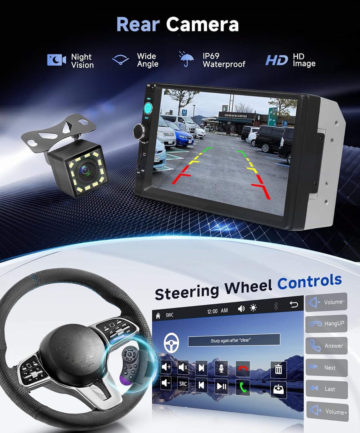 Double Din Car Radio with Bluetooth iOS/Android Mirror Link, 7 Inch Touch Screen Car Stereo 2 Din with Backup Camera Bluetooth Hands-Free FM Radio USB EQ AUX TF Steering Wheel Control