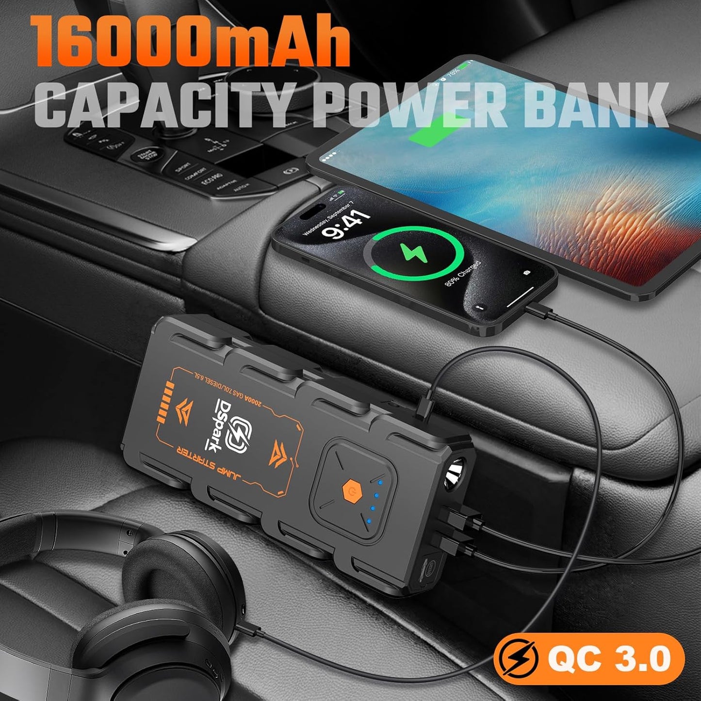 G21C Battery Jumper Starter Portable 2000A Car Jump Starter Portable Battery Booster for 7.0L Gas and 6.5L Diesel Engines 12V Jump Box with USB Quick Charge LED Flashlight and Compact Storage Case