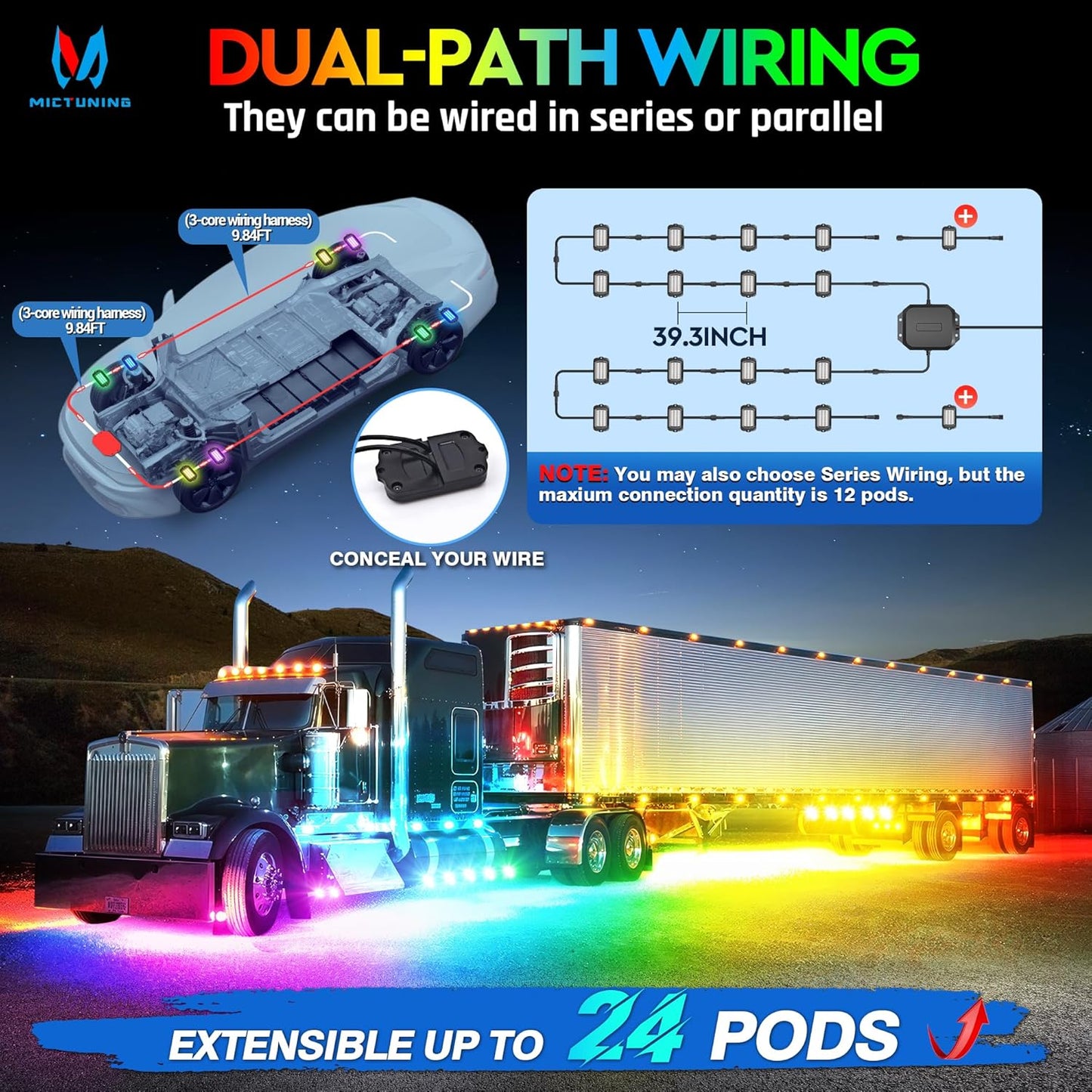 MICTUNING 2025 1000% Bright Q1 MAX RGB+IC Rock Lights, 12 Pods Chasing Dreamcolor Extensible Underglow Multicolor Neon Light Underbody Lighting Kit with APP Control for Truck ATV UTV Boat
