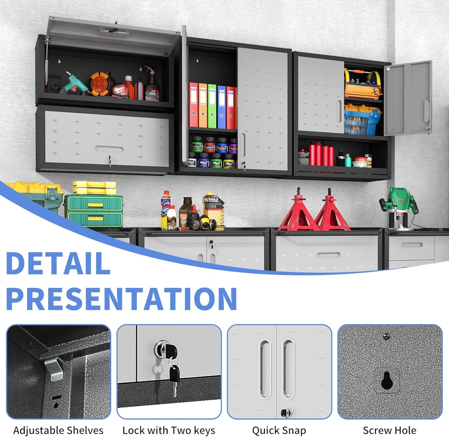 Garage Wall Cabinet with Flip-Up Door, Lockable Metal Storage Cabinet Wall Mounted, Hanging Tool Cabinet for Garage Basement Utility Room (Black &Grey)