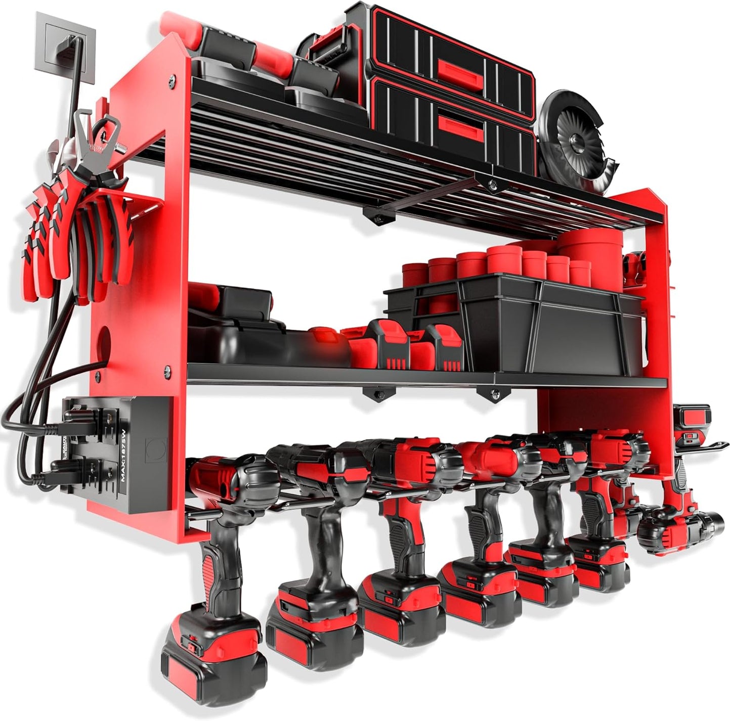 Power Tool Organizer Wall Mount with Charging Station, Cordless Drill and Battery Holder Shelf for Garage Organization,Heavy Duty Metal Tool Rack Storage, Load 300lbs, Built in 5 Outlet Power Strip