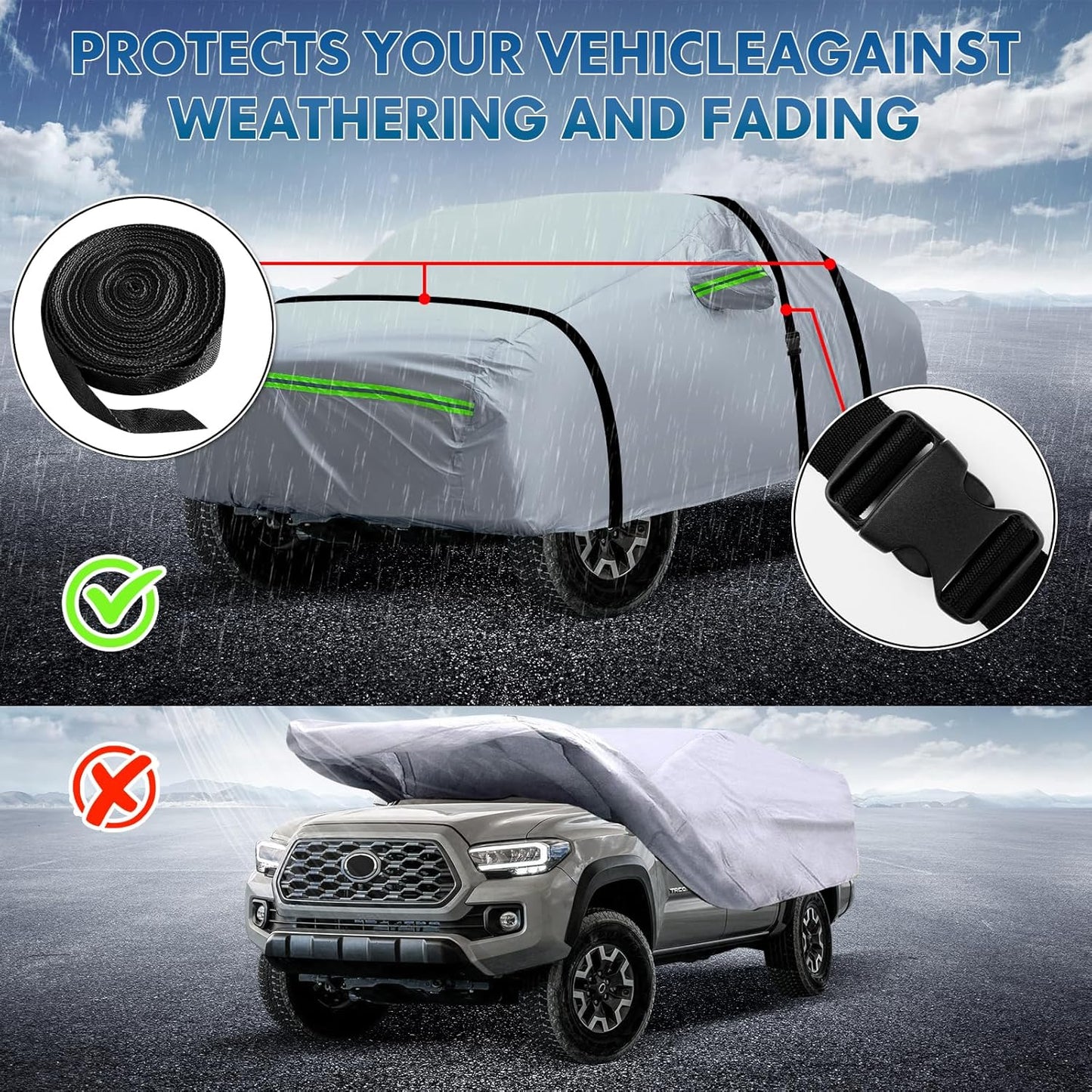 KEYOOG 6-Layer Full Car Cover Is All-Weather Waterproof, Heavy Outdoor Pickup Truck Covers, Universal in All Seasons, Snow Protection, Acid Rainproof, Sunscreen, UV Protection, Length up to 260 "(P-Xl