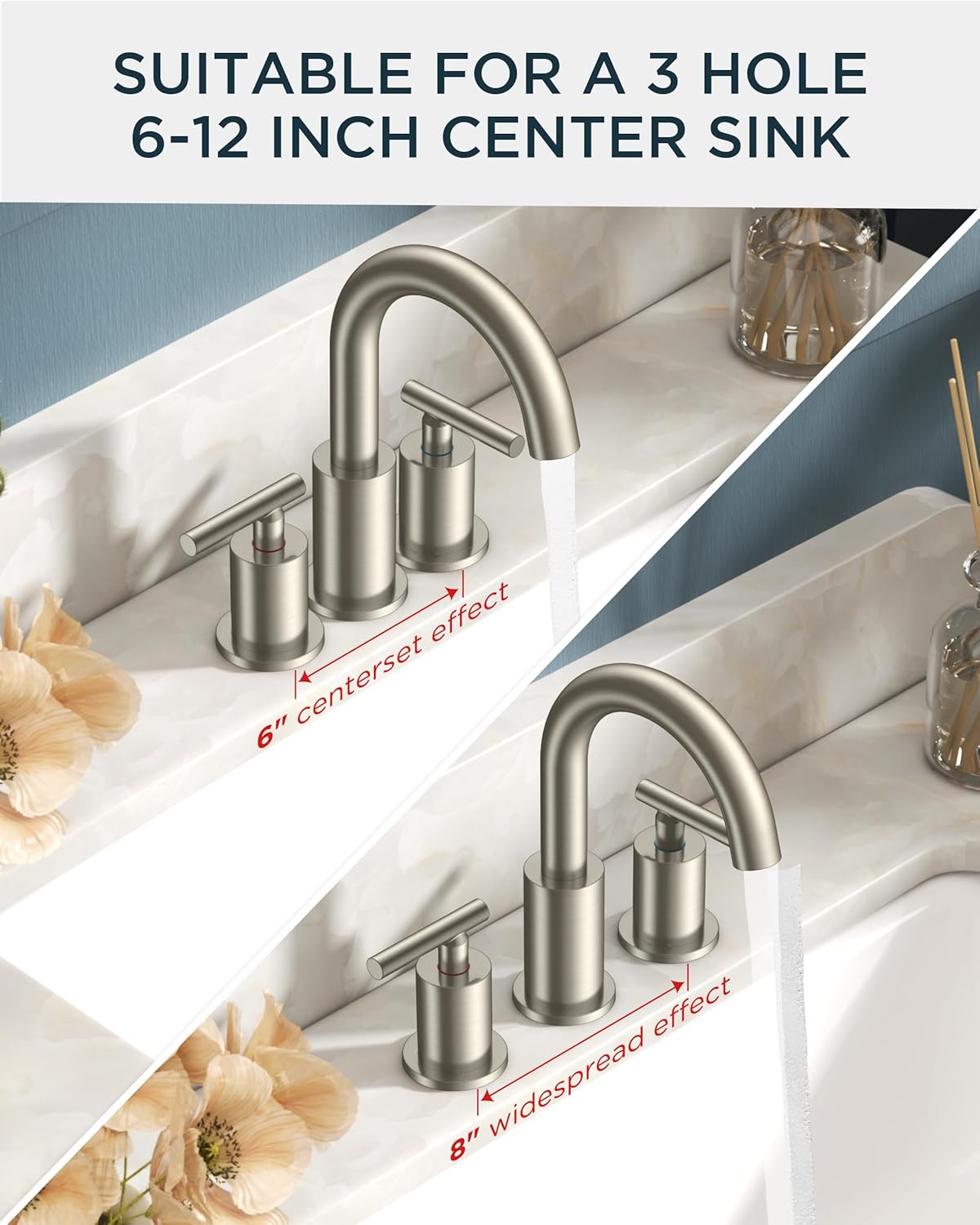 FORIOUS 8 In Widespread Brushed Nickel Bathroom Faucet 3 Hole with Metal Pop Up Drain and 24 Inch Supply Hose, 2 Handle 3 Hole Vanity Faucet for Bathroom Sink Brush Nickel with 360 Degree Swivel Spout