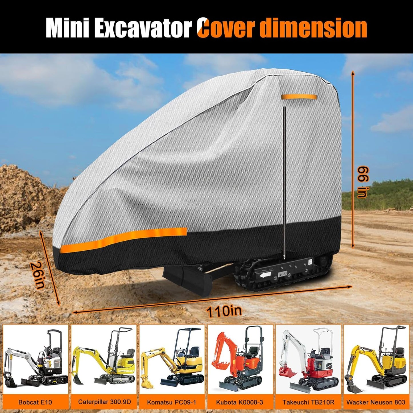 Car Cover Mini Excavator 2000lbs, Compatible with Bobcat E10/Kubota K008-3/Caterpillar 300.9D/Takeuchi TB210R/Yanmar Vio10-2, 420D Heavy Duty Oxford