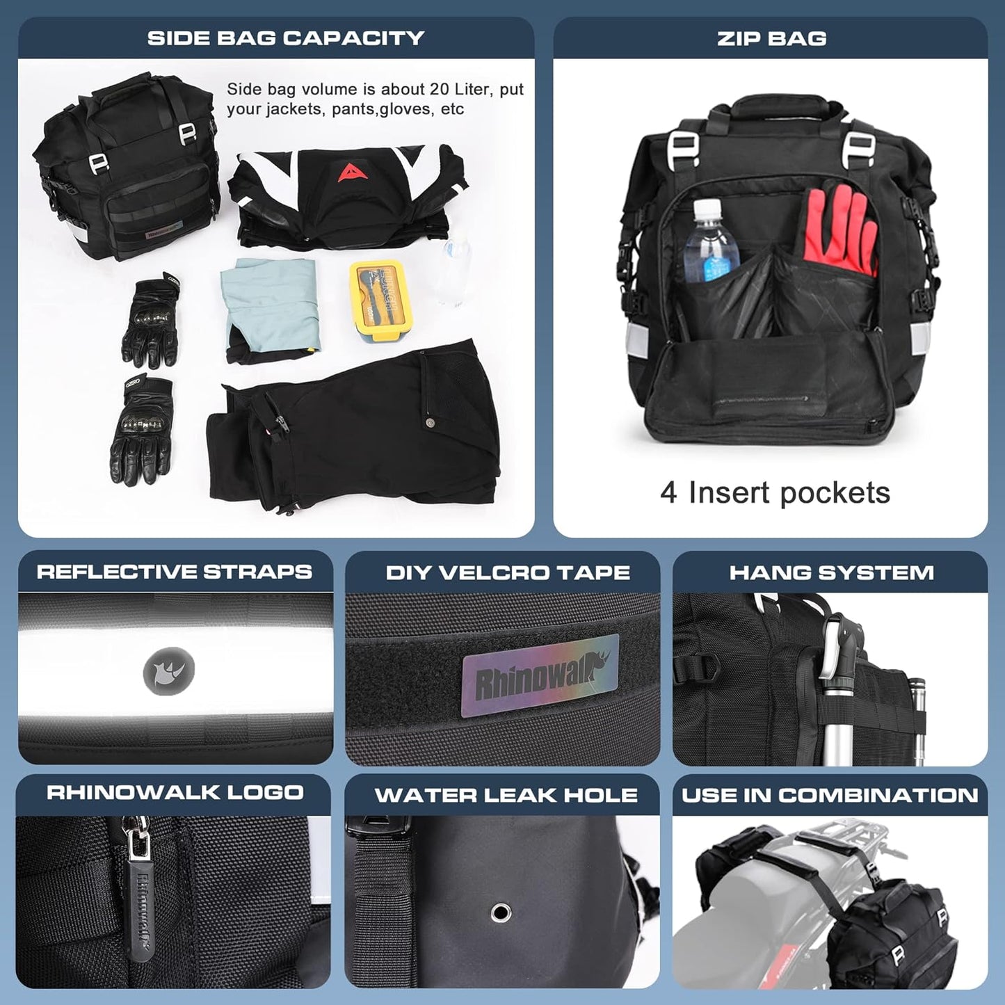 Rhinowalk Waterproof Motorcycle Saddlebags Luggage Bags 20L Quick Release for Adventure & Sport Bikes, Black (1 Pack)