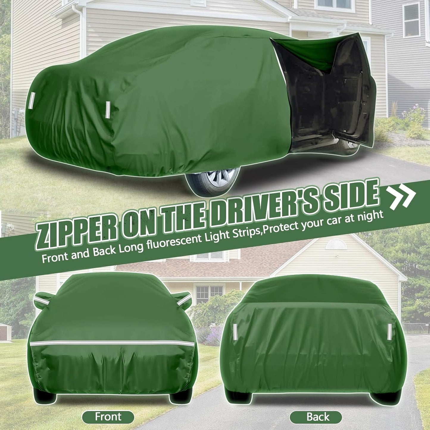BOSSTONE Car Cover Custom Fit for Honda Accord 2007-2025, for Toyota Camry 1996-2025, Waterproof All Weather for Automobiles Full Exterior Cover Rain Sun Snow Protector with Door Zipper (Green)