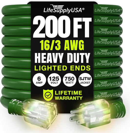 200ft Outdoor/Indoor Extension Cord 16/3 Gauge Heavy Duty 3 Prong SJTW, Waterproof, Flexible Cold-Resistant Long Power Cord,6A 125V 750W, Green by LifeSupplyUSA
