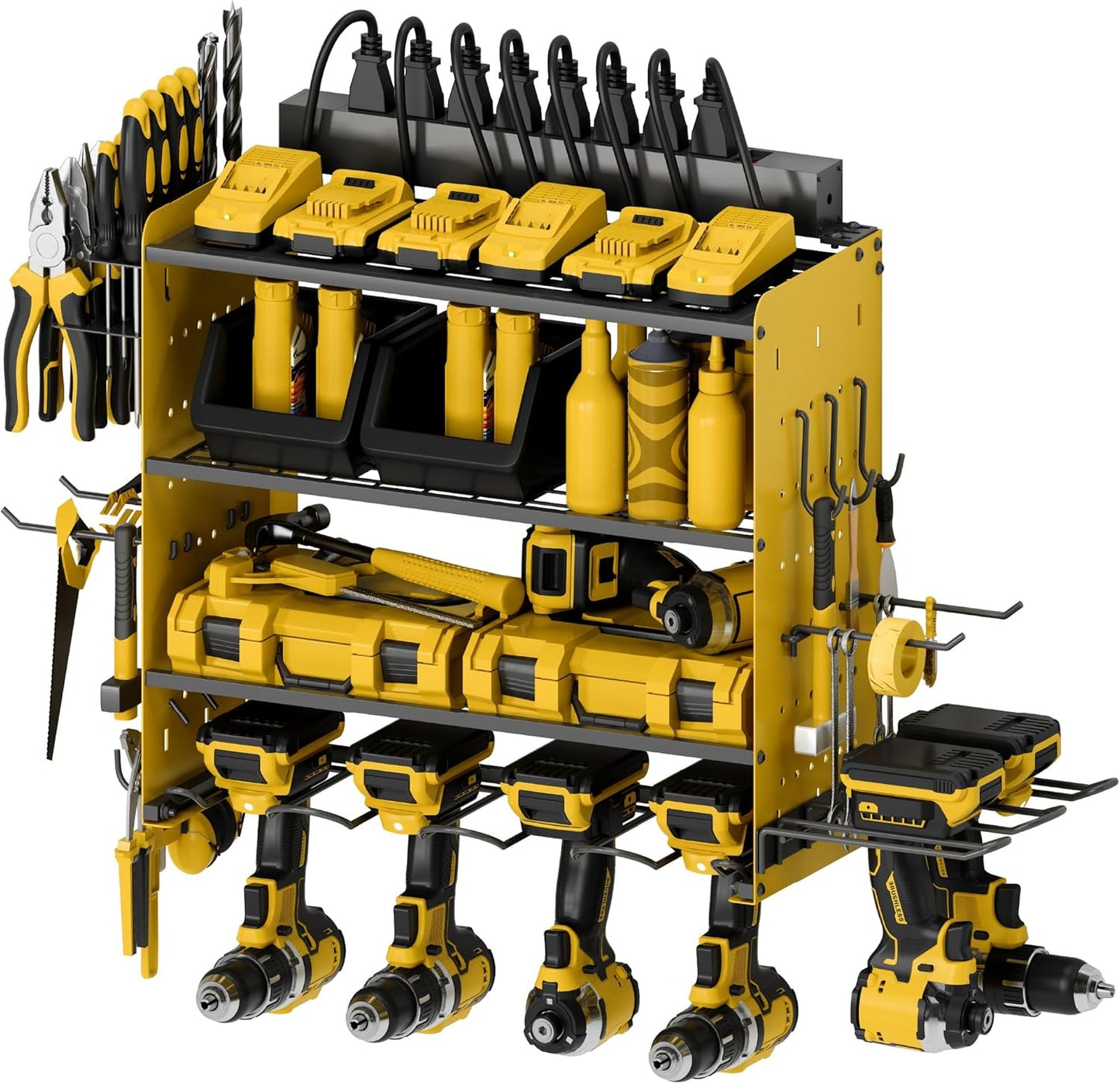 Power Tool Organizer with Charging Station, 4 Layers Garage Storage Rack with 6 Drill Holders, Father's Days Gift For Dad, Wall Mount Garage Organizer Built in 8 Outlets Power Strip, Yellow