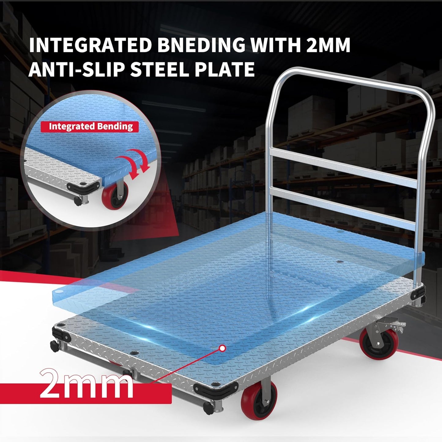 Extra Large Steel Panel Cart Dolly, 2IN1 Heavy Duty Drywall Lumber Truck with 3000 LBS Capacity, 44 x 28 inch 2MM Steel Plate Drywall Cart with 6" Swivel Brake Wheels, 1Front and 3Side Handrials