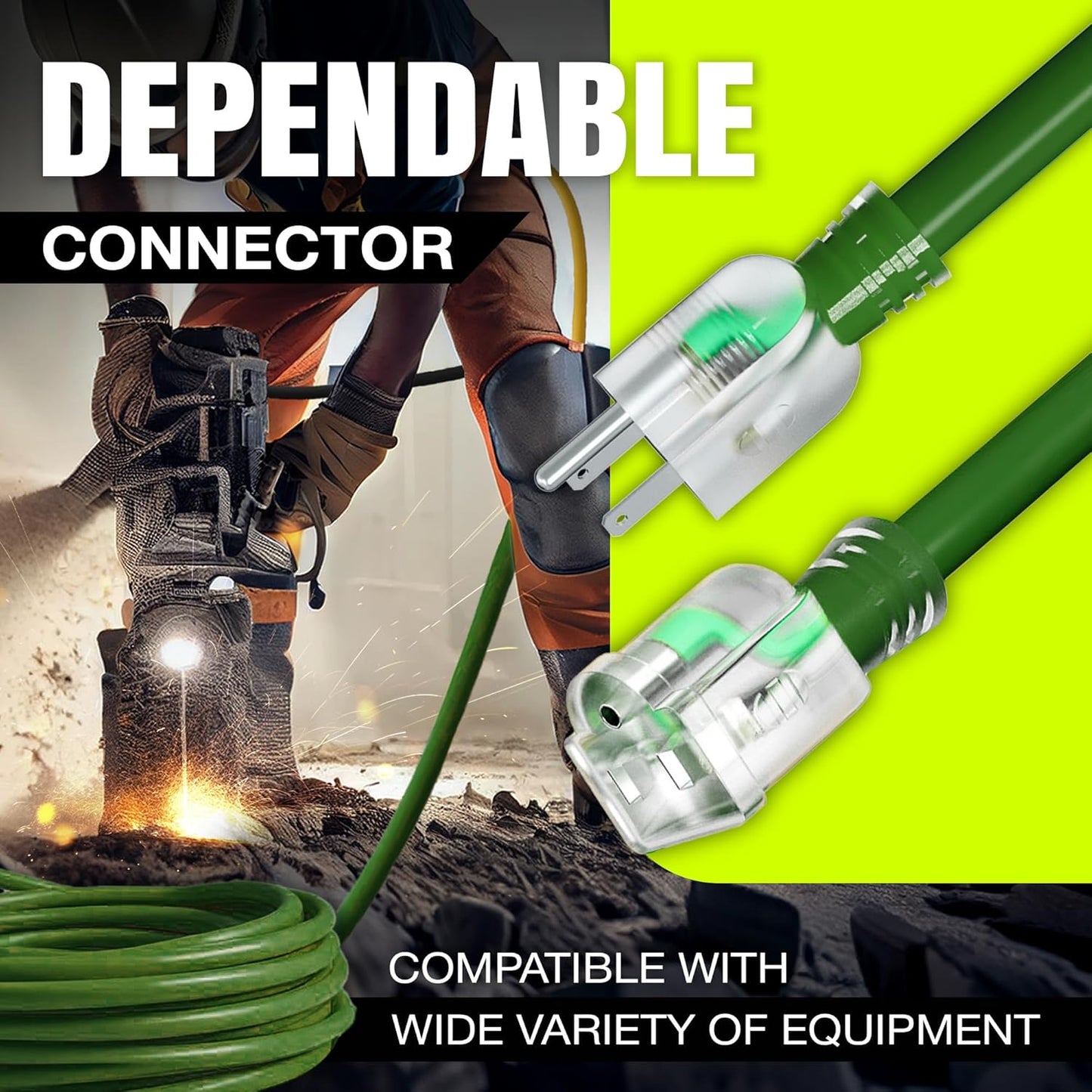 10ft Outdoor/Indoor Extension Cord 12/3 Gauge Extra Heavy Duty 3 Prong SJTW, Waterproof, Flexible Cold-Resistant Long Power Cord,15A 125V 1875W, Green by LifeSupplyUSA