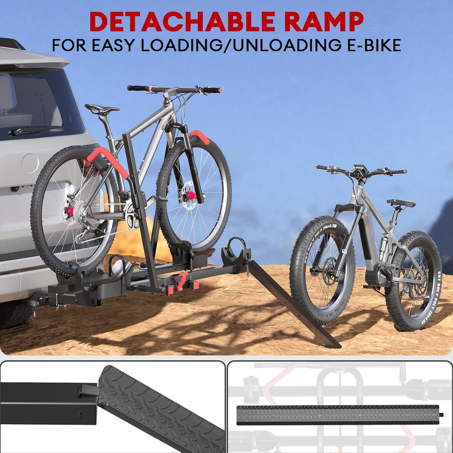 Hitch 2 EBike Rack with Ramp, 170lbs Capacity Foldable Electric Bike Carrier for 2 Heavy Ebike, Up to 5" Fat Tire Bicycle for 2" Receiver for Car, SUV, RV, Truck, Black