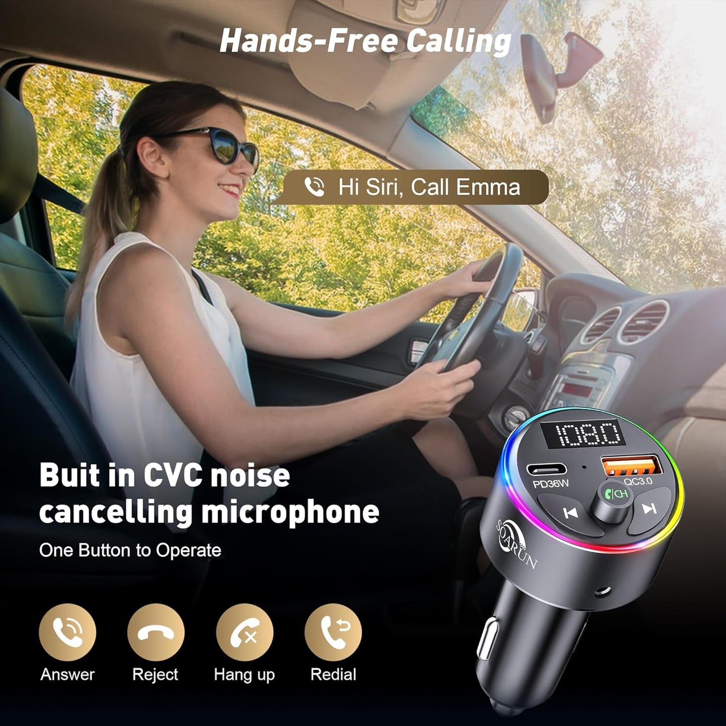 FM Transmitter Bluetooth 5.3, 54W Fast USB Car Charger [PD 36W& QC3.0 18W] Cigarette Lighter Wireless Radio Adapter Supports Hands-Free Call, Aux 3.5mm, 9 Colors LED Backlit