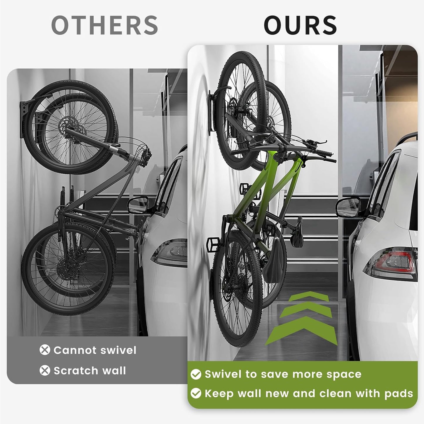 Swivel Bike Wall Mount [2 Pack], 150° Swivel Vertical Bike Rack Wall Hanger Holds up to 66lbs for Mountain/Road/Hybrid Bikes, Bike Hangers, Bicycle Storage Rack for Garage