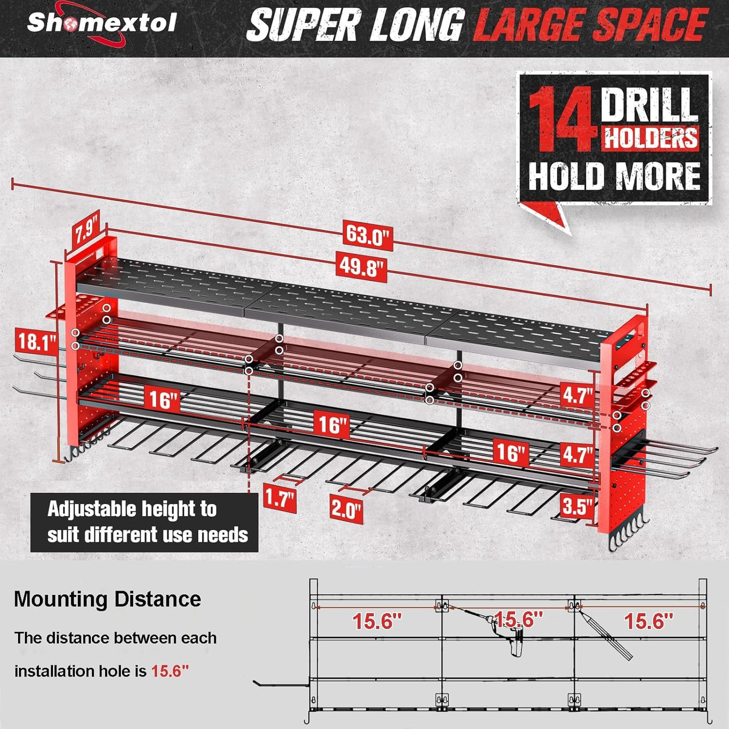 49.8" W Large Power Tool Organizer Wall Mount, Heavy Duty Tool Organizer with 14 cordless Drill Holder, 4 Layers Garage Organization and Storage Rack, Tool Rack for Garage Workshop, Red